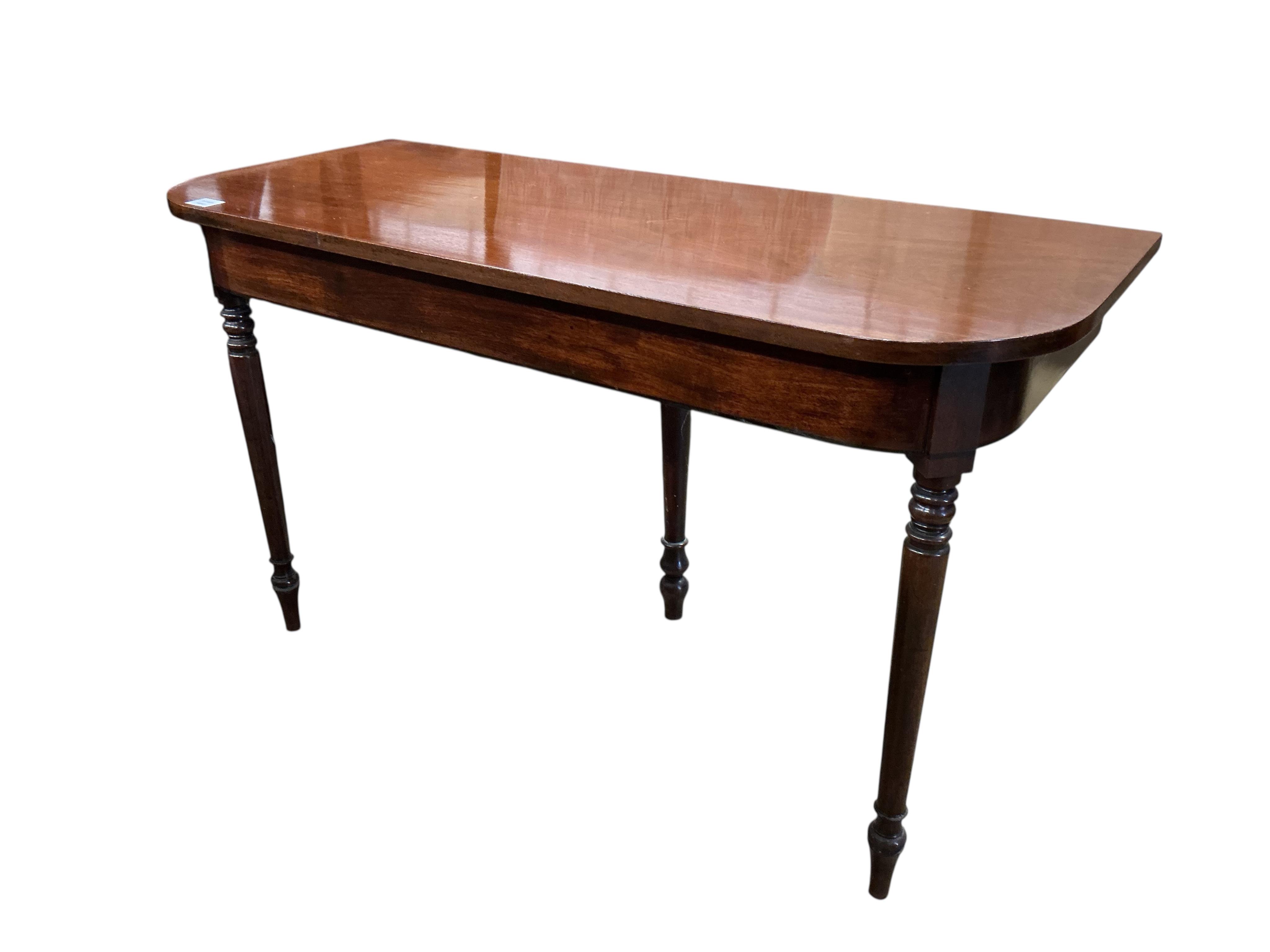 A Regency mahogany 'D' shape table, width 122cm, depth 52cm, height 72cm